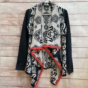 THML Black and Cream Patterned Cardigan with Red Trim